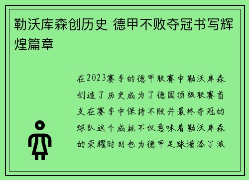 勒沃库森创历史 德甲不败夺冠书写辉煌篇章